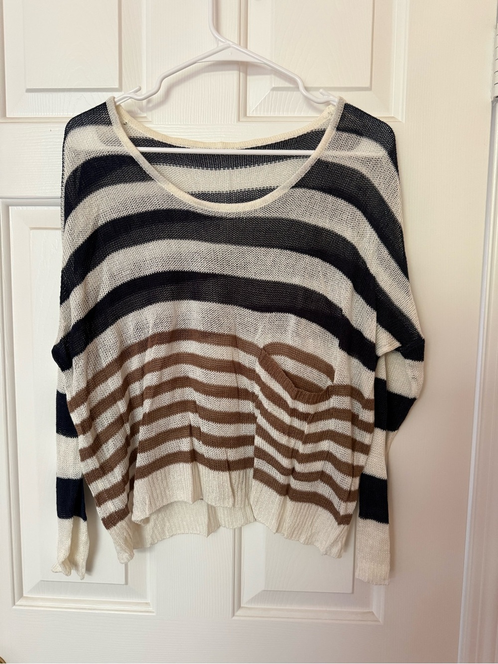 Striped Lightweight Knit Sweater - Cream, Black & Brown